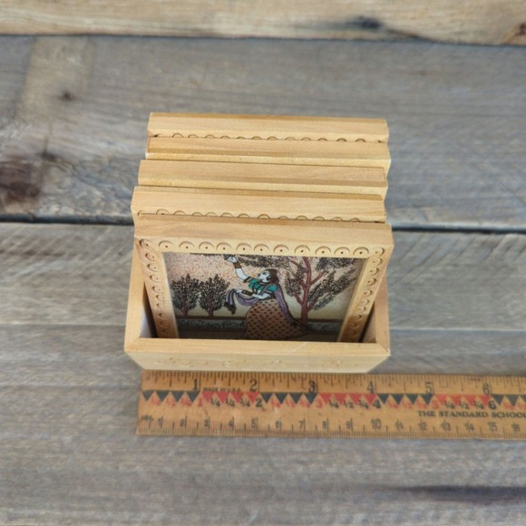 Vintage Set of Five Rajasthan Wood and Glass Coasters - Picture 11 of 11